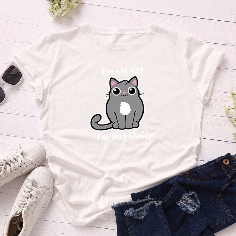 Summer Fashion Women T-shirt Cotton Cute Cartoon Fat Cat