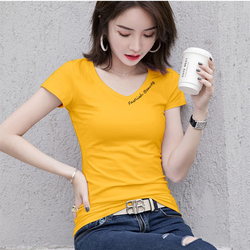 Fashion Summer Top Women V Neck T Shirt Slim Fit Stretch