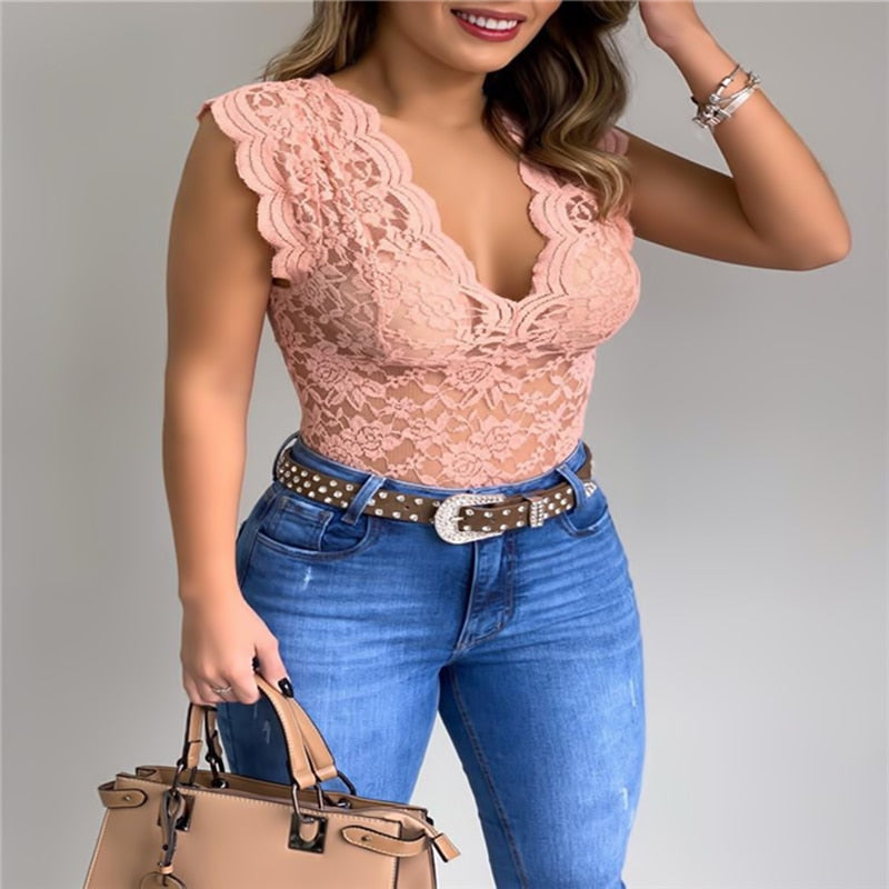 New Women Slim Tunic Lace V Neck T-shirt 2021 Sexy Elegant Summer Short Sleeve T Shirt Lace Flower Plus Size Tops T-shirts