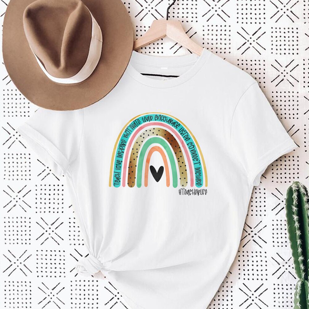 Love Rainbow Print White T-shirt Teacher Life Short Sleeve