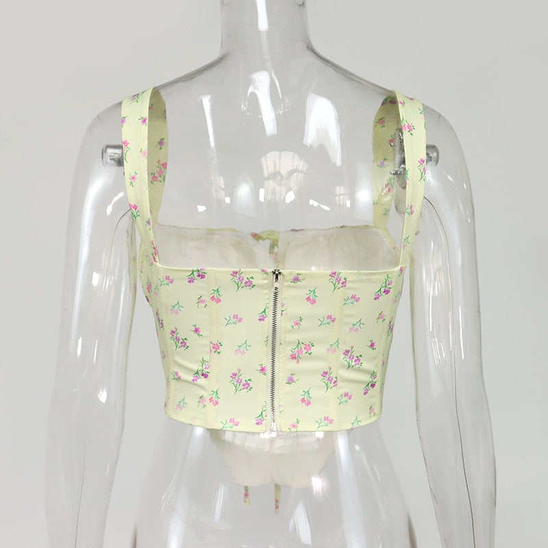 Floral Corset Women Sweet Print Hollow Up Tie Up Sexy Crop Top
