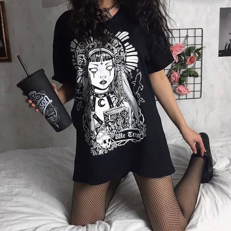 Ouija Board Women Gothic Black T-Shirt Grunge Swag Oversized