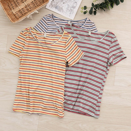 Casual Striped Women T Shirt O-Neck Short Sleeve Summer Lady Tees Top M30243