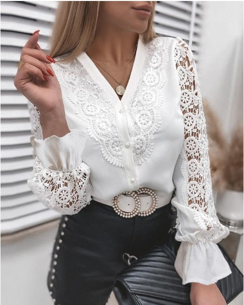 Women Sexy Lace Patchwork Hollow Out T-Shirt Long Sleeve Crew Neck Button Mesh Design Tops Spring Fashion White Vintage T Shirts