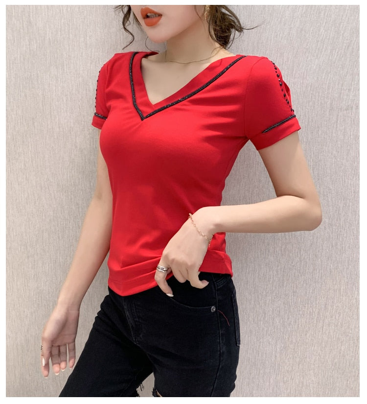 Summer Fashion Korean Clothes T-shirt V-Neck Diamonds