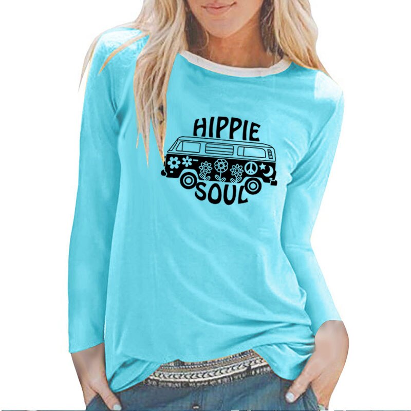 Hippie Soul Car Print Long Sleeve T-shirts Women Autumn Winter 2020 Woman Tshirts Fashion White Crew Neck Graphic Tee Streetwear