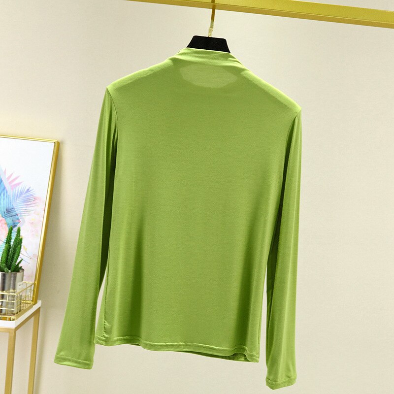 100% cotton long sleeve Solid Turtleneck t-shirt women high stretch slim tops spring autumn skinny Basic Bottoming tshirt tight