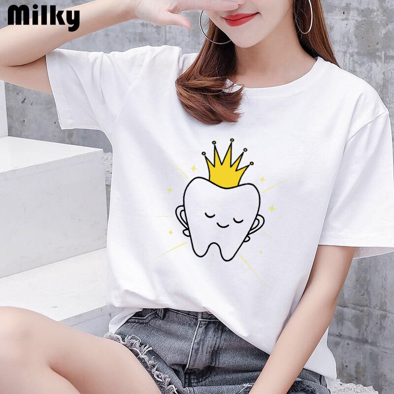 Aesthetic funny tooth dentist women's T-shirt 90s Harajuku Kawaii O-neck T-shirt pattern fashion printing Plus size women shirts