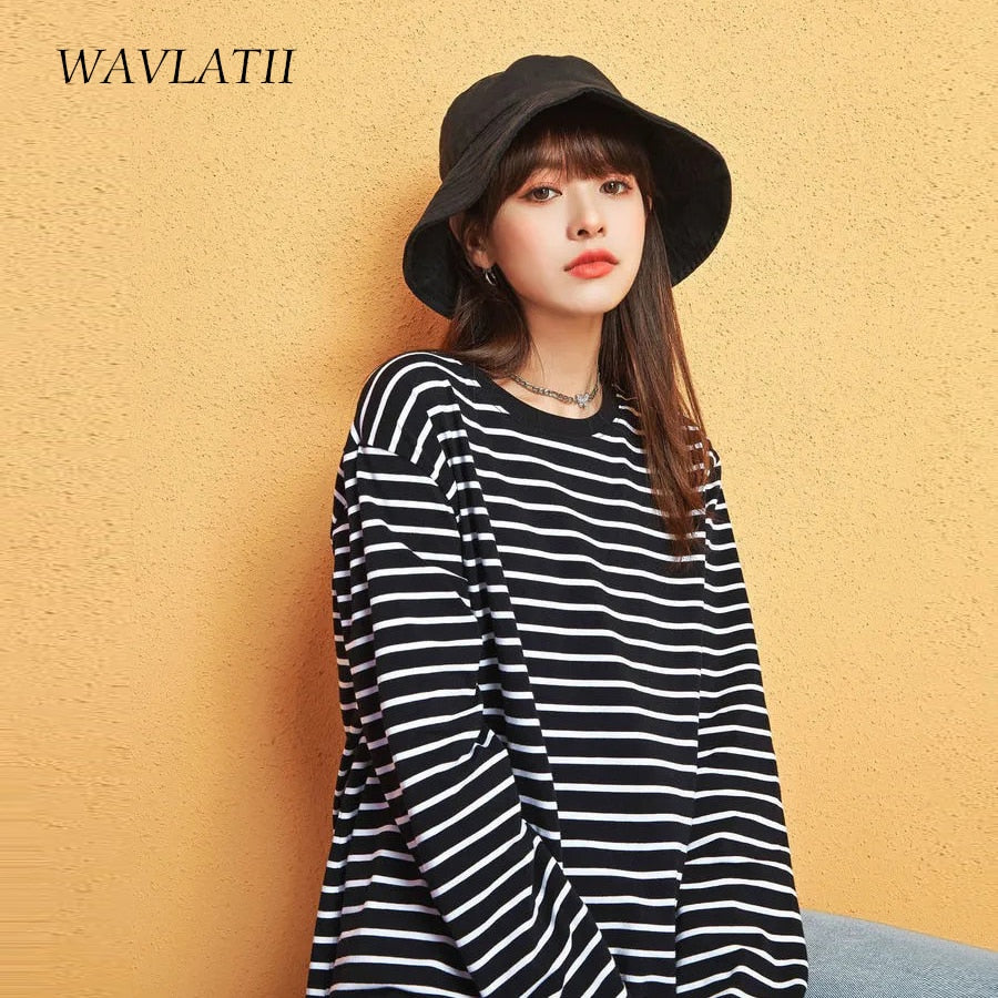 WAVLATII Women 2021 New Long Sleeve T shirts Female Cotton White Black Striped Tees Lady Oversized Spring Casual Tops WLT2107