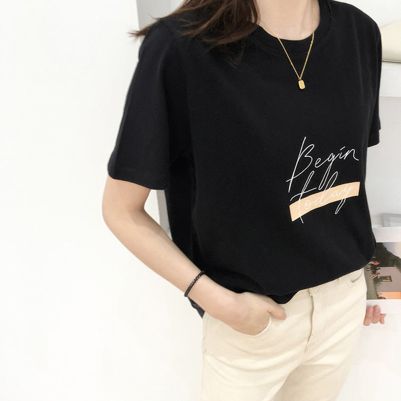 Casual O-neck Letter Print Women T-shirt Summer Short Sleeve