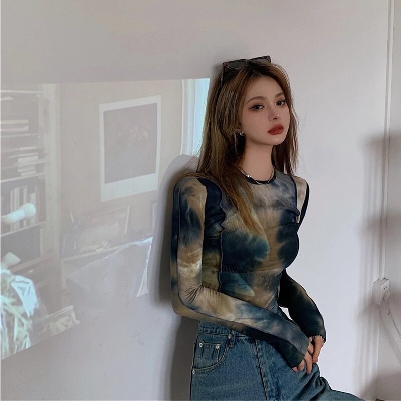 Yedinas Sexy Harajuku Slim T Shirt Women Tie Dye Print Long Sleeve Tops Korean Style Tshirts Vintage Streetwear Skinny Tee Top