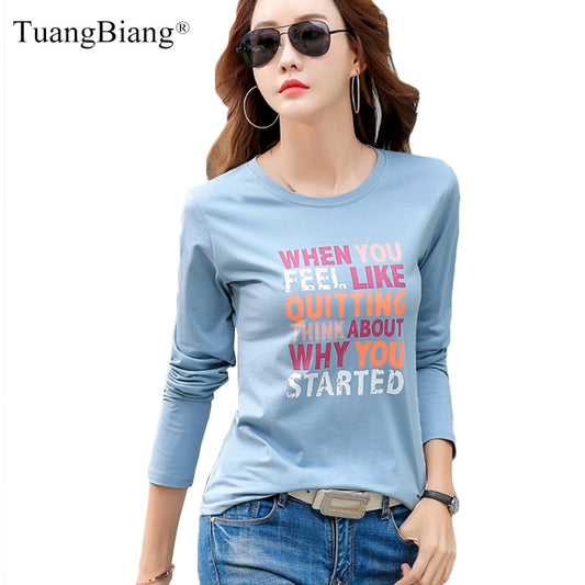 Autumn Winter 2020 Casual Cotton T-shirt Women Letter Print O-neck Long Sleeve Tee shirt Femme Blue Black White comfortable Tops