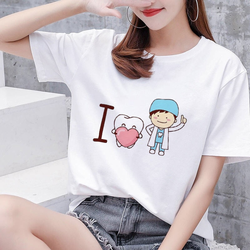 Aesthetic funny tooth dentist women's T-shirt 90s Harajuku Kawaii O-neck T-shirt pattern fashion printing Plus size women shirts