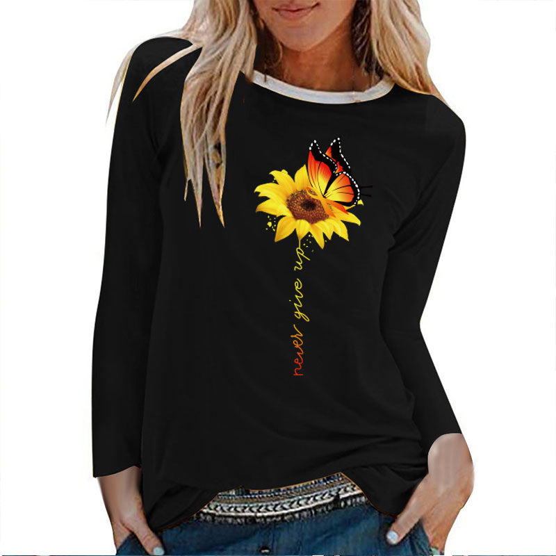 Sunflower Butterfly Never Give Up Printed Long Sleeve T-shirts Women Autumn Winter Woman Tshirt Cotton Aesthetic Clothes Female