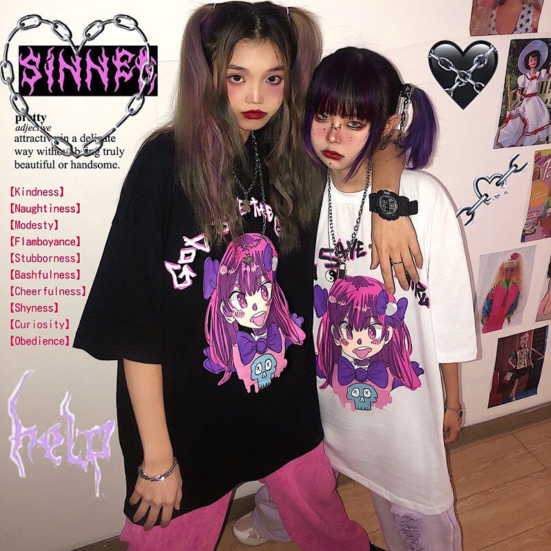 NiceMix vintage anime cartoon t shirt women clothes gothic tshirt streetwear print loose tops Korean summer black t-shirt