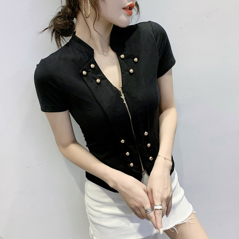 Summer Korean Clothes T-shirt Vintage Zipper Women Tops Ropa Mujer Shirt Short Sleeve Button Tees New Black White