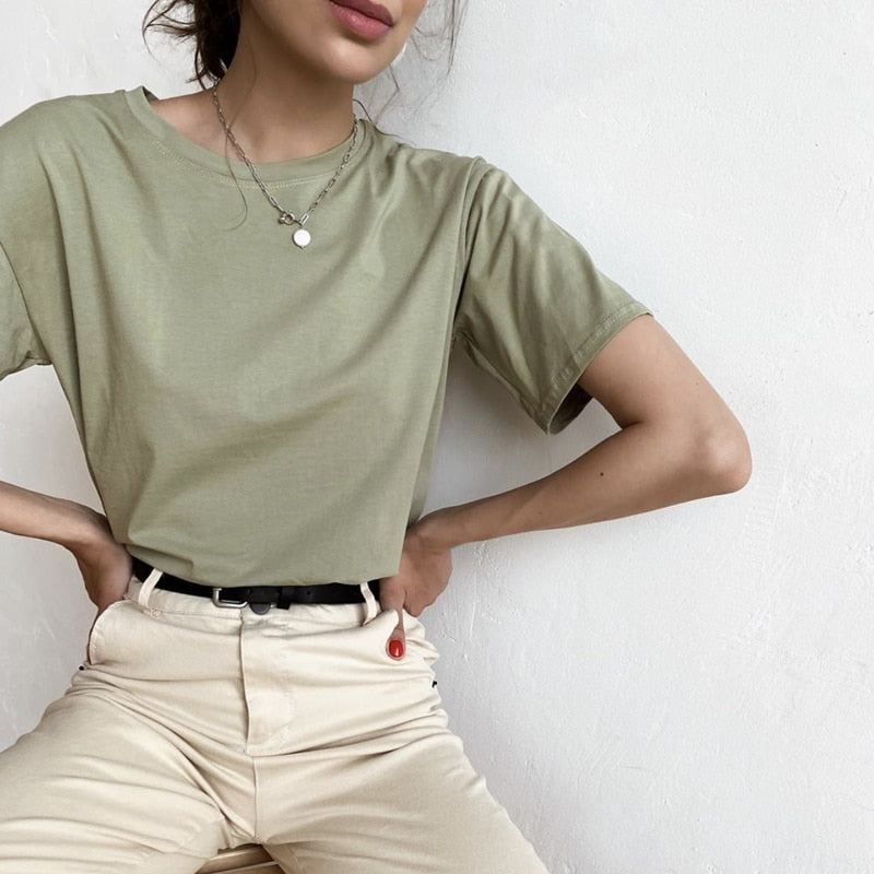 WYWM Summer Women Basic Loose T Shirt Solid Color Oversized Cotton Harajuku Short Sleeve Knitted Tees Korean Casual Female Tops