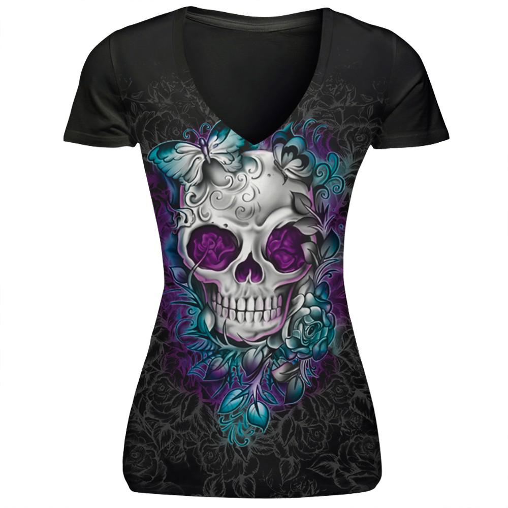 Free Shipping T-shirt Women Casual Comfortable V-neck Shirts Women Top Tees Red Mouth Black Skull Prints Short Sleeve