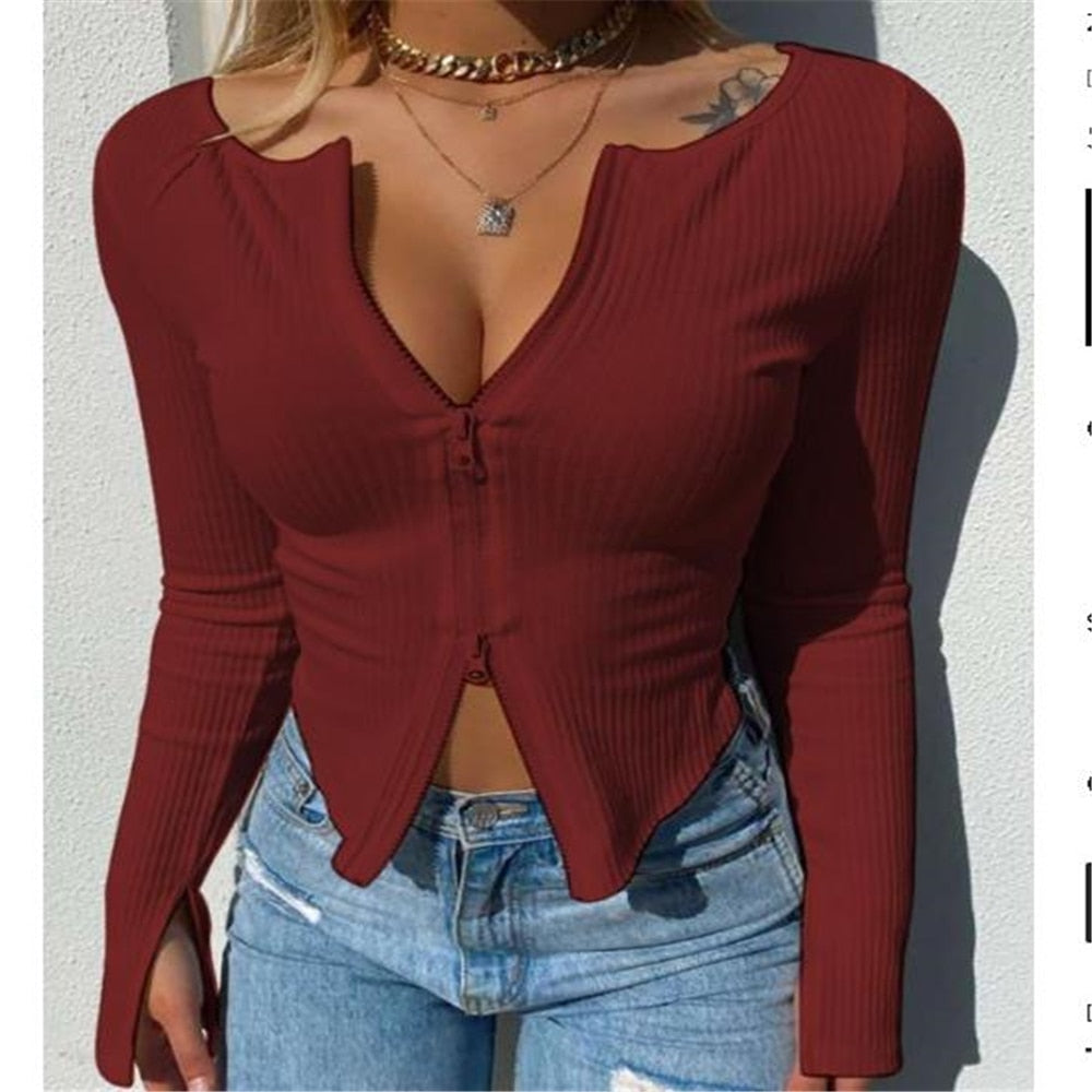 Women T-shirt Spring Autumn Clothes Ribbed Knitted Long