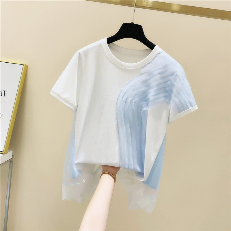 Summer Korean-Style Slimming Tops Design Panelled Mesh Pleated Patchwork Casual O Neck Short T-Shirt Women