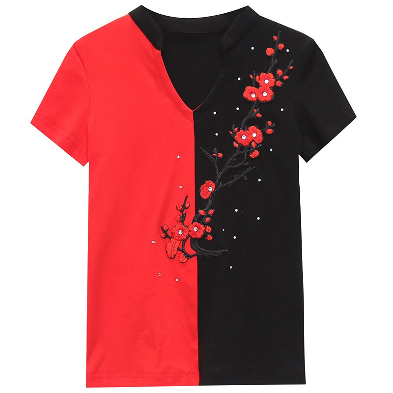 New Summer Fashion Folk Clothes Sexy Patchwork Embroidery Diamonds T-shirt Women Tops Ethnic Ropa Mujer Shirt Tees T02005