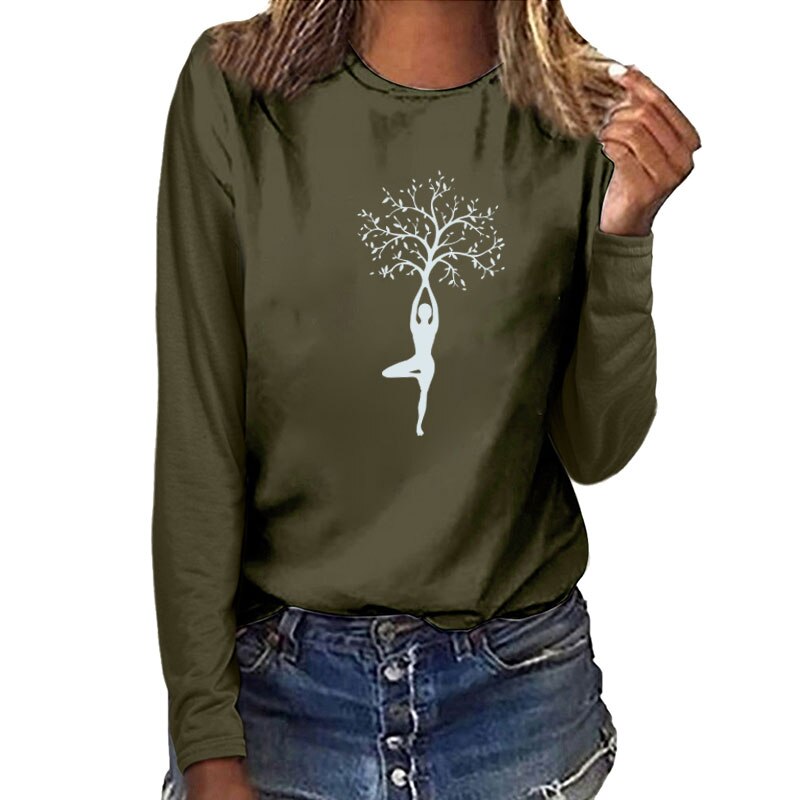 Lady Tree Print Long Sleeve T-shirts Women Autumn Winter Shirts