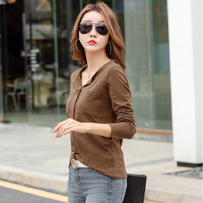 New 2021 Cotton Casual Two Pockets V-Neck T Shirts Women Spring Winter Long Sleeve Coffee Purple T Shirt Female Solid Color Tops