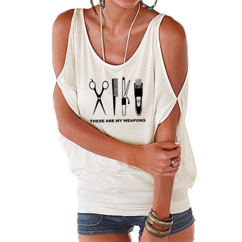 Barber T Shirt Women O-Neck Hairdresser Weapon T-shirt Woman scissors Tops Girl Sexy Off Shoulder Batwing Lace up Top Tees