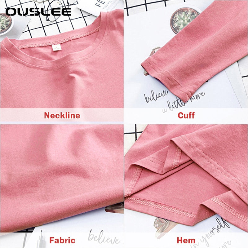 OUSLEE Cotton Long Sleeve T Shirt Women Casual Basic Women's T-shirts Solid Colors Top Female Fashion Korean Tee Shirt Plus Size