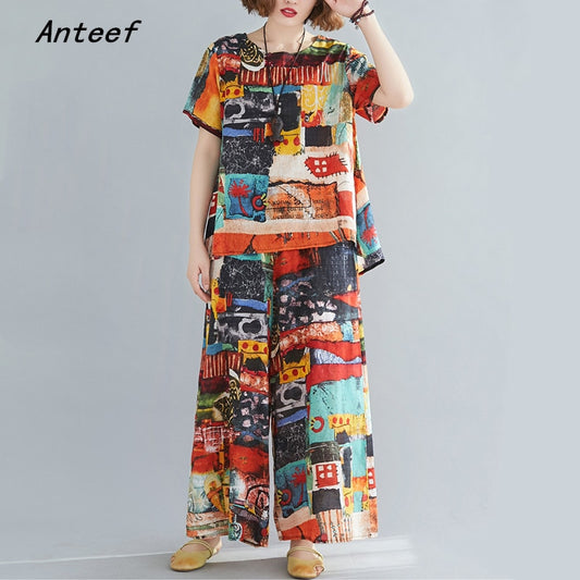 Cotton plus size vintage summer casual 2 two piece set