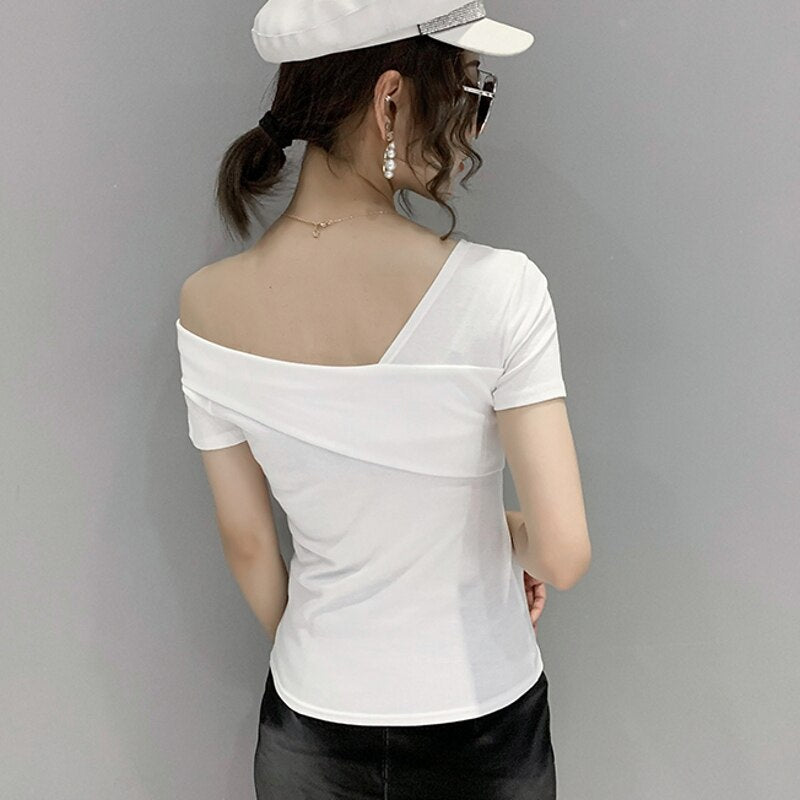 European Clothes Fashion Asymmetrical Hollow Out T-shirt Women 2020 New Summer Back Tops Ropa Mujer Bottoming Shirt Tees T02210