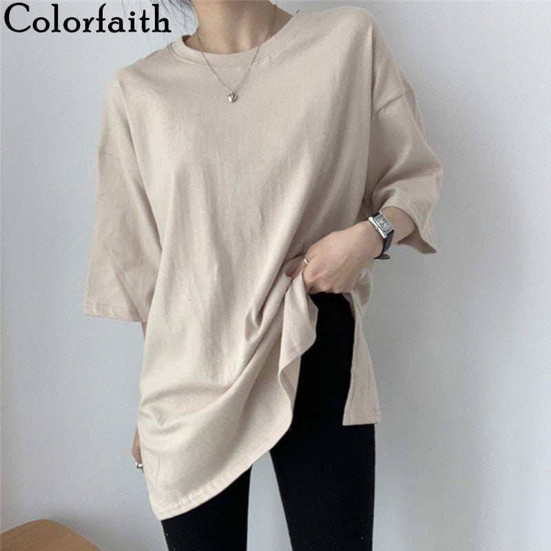 Colorfaith New 2021 Women Spring Summer T-shirts Solid Multi Colors Loose Bottoming Half Sleeve Minimalist Split Midi Tops T1165