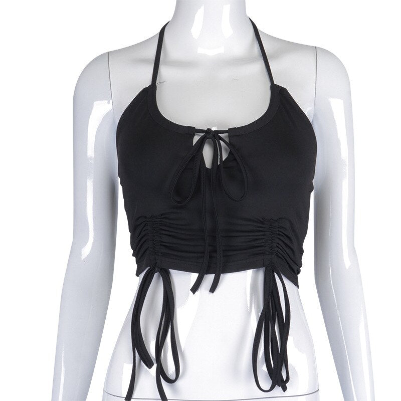 Fashion Sexy Women Black Tassel Backless Halter Crop Top