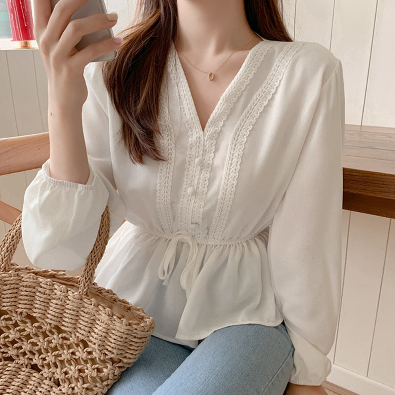 shintimes V-Neck White Blouse Sashes Casual Woman Clothes Fall Lace Long Sleeve Shirt Women Blouses Shirts Chemisier Femme