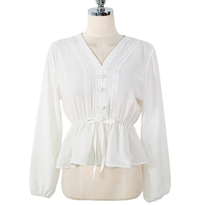 shintimes V-Neck White Blouse Sashes Casual Woman Clothes Fall Lace Long Sleeve Shirt Women Blouses Shirts Chemisier Femme