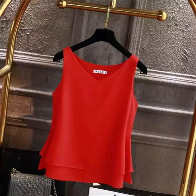 Fashion Brand Women's blouse Tops Summer sleeveless Chiffon shirt Solid V-neck Casual blouse Plus Size 5XL Loose Female Top