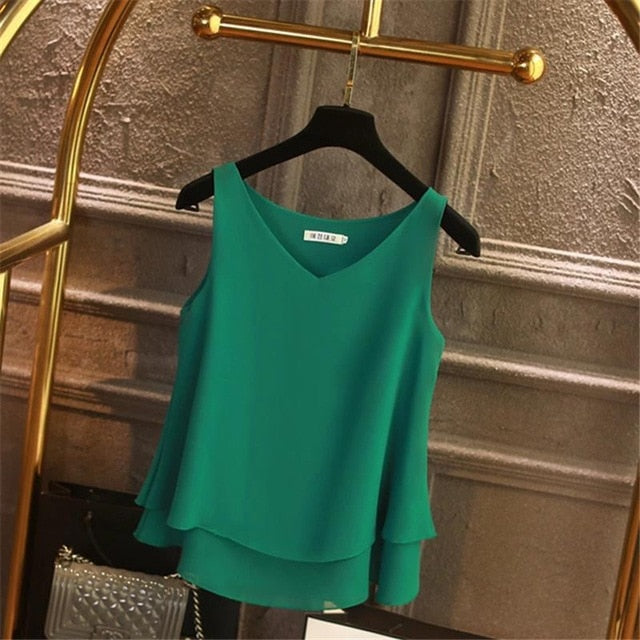 Fashion Brand Women's blouse Tops Summer sleeveless Chiffon shirt Solid V-neck Casual blouse Plus Size 5XL Loose Female Top