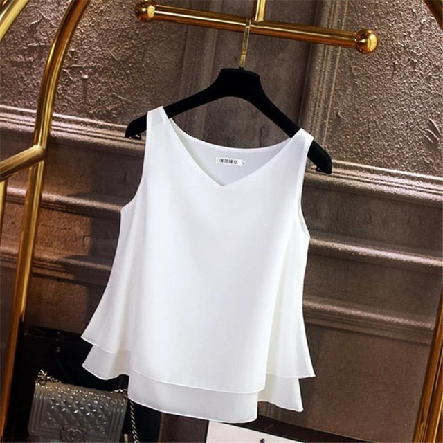 Fashion Brand Women's blouse Tops Summer sleeveless Chiffon shirt Solid V-neck Casual blouse Plus Size 5XL Loose Female Top