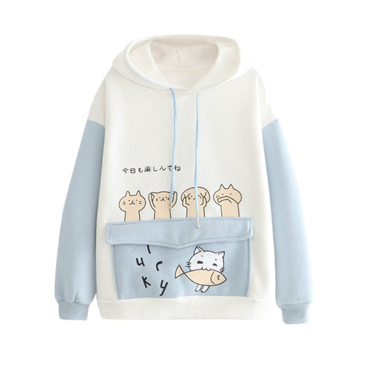 Women's Harajuku Cartoon Cat Fish Hoodies Sweatshirts Velvet