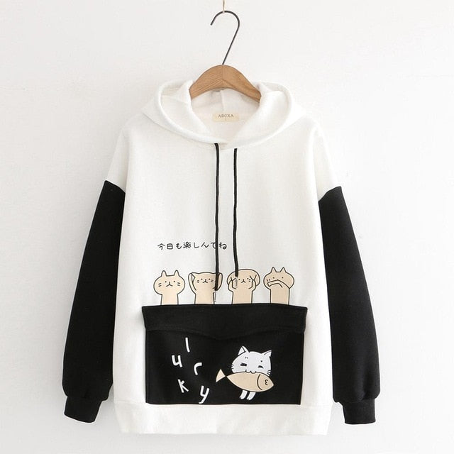 Women's Harajuku Cartoon Cat Fish Hoodies Sweatshirts Velvet