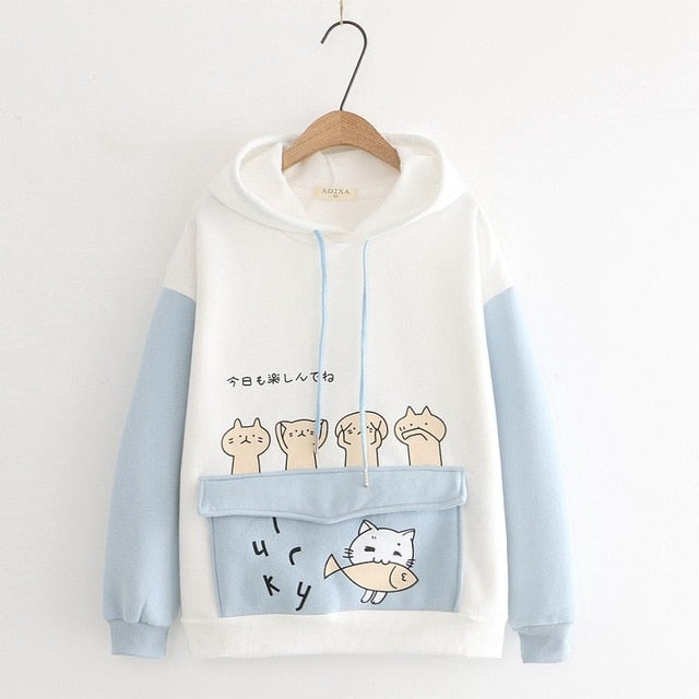 Women's Harajuku Cartoon Cat Fish Hoodies Sweatshirts Velvet