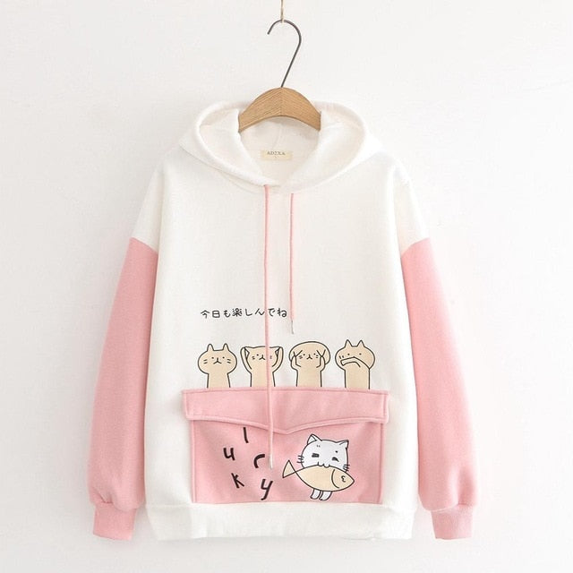 Women's Harajuku Cartoon Cat Fish Hoodies Sweatshirts Velvet