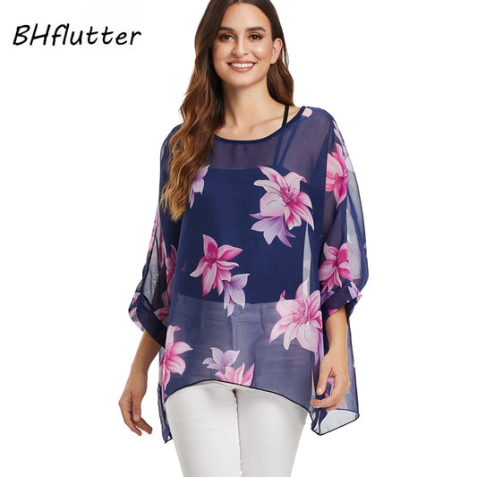 BHflutter Women Tops and Blouses Plus Size New Style Batwing Casual Loose Summer Blouse Floral Print Chiffon Shirts Blusas