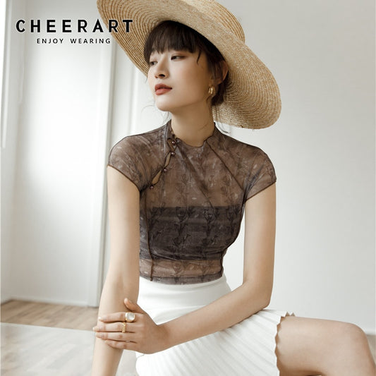 CHEERART Sheer Top Vintage Mesh Transparent Blouse Women Summer Floral Designer Tight Aesthetic See Through Ladies Top