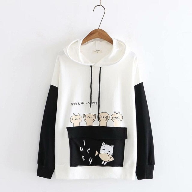 Women's Harajuku Cartoon Cat Fish Hoodies Sweatshirts Velvet