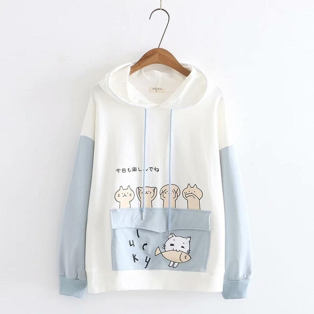 Women's Harajuku Cartoon Cat Fish Hoodies Sweatshirts Velvet