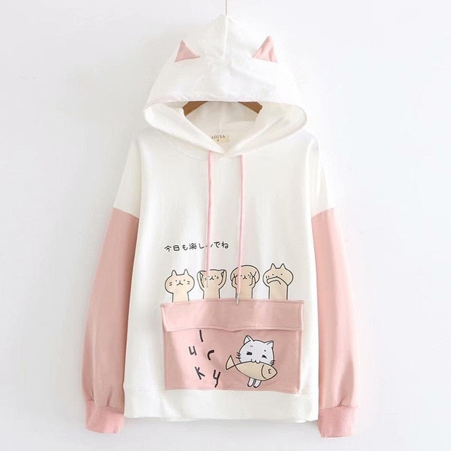 Women's Harajuku Cartoon Cat Fish Hoodies Sweatshirts Velvet