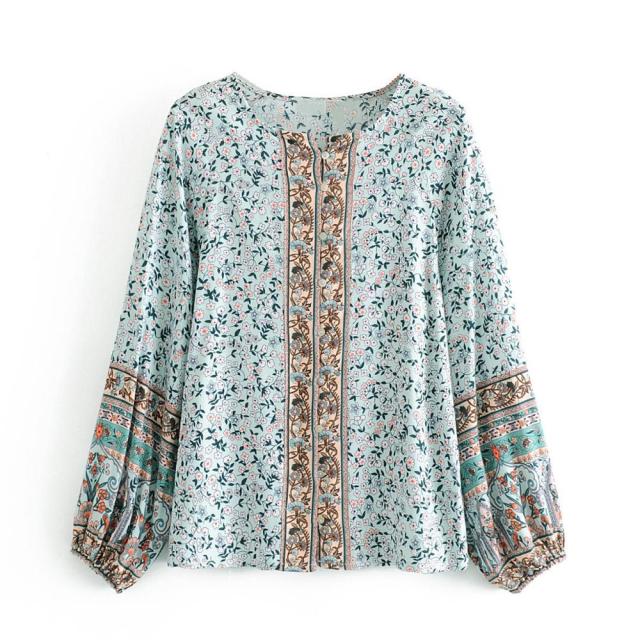 O neck Location Floral Print Open buttons BOHO Shirt Holiday Women Single-Breasted Long Sleeve Blouse Causal Tops Beach