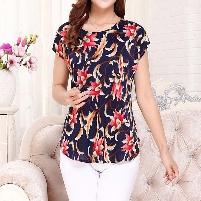 5XL Women Ladies Clothing Tops short Sleeve printing Shirts Casual Boat anchor Blouse Silk female woman clothes plus size