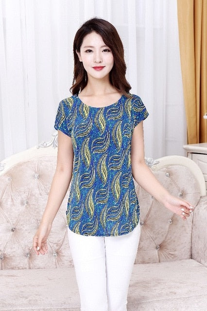 5XL Women Ladies Clothing Tops short Sleeve printing Shirts Casual Boat anchor Blouse Silk female woman clothes plus size